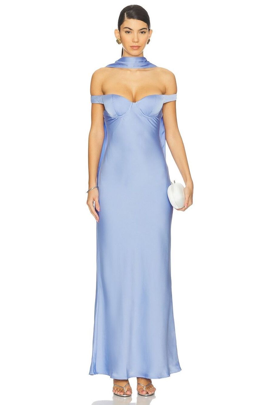 RUNAWAY THE LABEL Raphaella Off Shoulder Maxi Dress in Bluebell SIZE XS $159